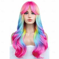 HAIRJOY Synthetic Hair Rainbow Ombre Wigs Long Wavy Wig for Women with Bangs Colorful Ombre Costume Curly  Wigs 26inches beige