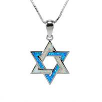 Mėlynas ugnies opalas Dovydo žvaigždės pakabukas ant kaklo, baltu K padengtas žydiškas papuošalas, unisex Judaica dovana, gydantis kristalinis chokeris dovana gray