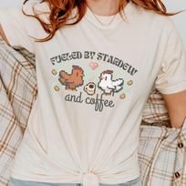 Coffee + Stardew T-Shirt, Stardew Valley Coffee Lover, Cozy Gamer Girl Tee, Pixelated Design Clothes, Kawaii Star Dew Apparel, Pixel Chicken 120 gray