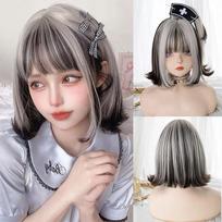 Synthetic Short Lolita Cosplay Christmas Halloween Bob Wig Wave Female Wig with Ponytail Natural Fake Hair for Women gray