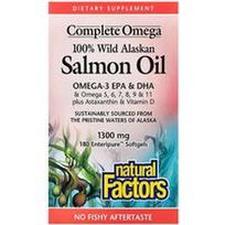 Natural Factors, „Complete Omega“, 100 % laukinių Aliaskos lašišų aliejus, 1300 mg, 180 „Enteripure™“ minkštųjų kapsulių