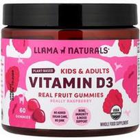 Llama Naturals, Vaikams ir suaugusiesiems skirti augaliniai vitamino D3 guminukai, tikrų vaisių skonio, su avietėmis, 60 guminukų