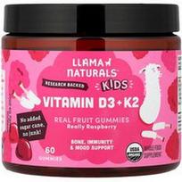 Llama Naturals, Vaikiški vitamino D3 + K2 guminukai, tikrų vaisių skonio, tikrai aviečių skonio, 60 guminukų
