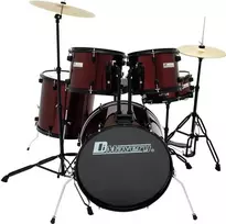 Dimavery DS-200 būgnų rinkinys, vyno raudonumo, su bosinio būgno pedalu ir lėkštėmis