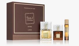 Rinkinys Lattafa Khamrah Qahwa moterims/vyrams: kvapusis vanduo EDP, 100 ml + kvapusis vanduo EDP, 12 ml + plaukų dulksna, 50 ml