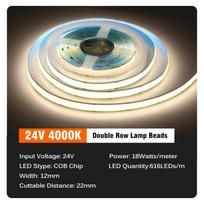 COB LED juosta Didelio ryškumo Lanksti FOB LED juosta Dviguba eilė 624LED/M RA90 Pritemdoma 3000K 4000K 6000K DC12V/24V Juosta 12V 0.5M šilta balta spalva