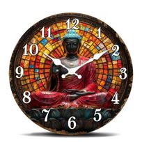 Buddha Statue with Stained Glass Background Wall Clock, Meditation Decorative Round Clock, Spiritual Quiet Sweep Timepiece for Y 14 inch orange