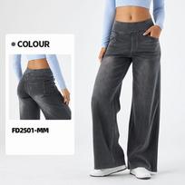 Laisvi Baggy džinsai moterims su elastine juosmens juosta, plataus kirpimo džinsai, elegantiškos prigludusios džinsinės kelnės, amerikietiško retro stiliaus džinsiniai palazzo keliai L black