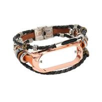 for Xiaomi Mi Band 7 Leather Strap Metal Snap Retro DIY Smart Watch Band Replacement Bracelet Brown and Gold beige