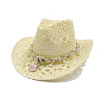 Corn husk material straw hat western cowboy hat spring and summer men and women Panama sun hat elegant cowboy straw hat M55-58cm beige