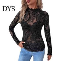 Comfortable Long Sleeve T-shirt Women Tops Round Neck Slim Fit Spring Autumn Sexy Perspective Tee Pullover See-through Geometric Lace Flower S black