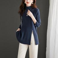 Design zipper semi-turtleneck solid color knitted sweater top women's autumn and winter new pullover sweater with bottoming shirt One size tamsiai mėlyna spalva