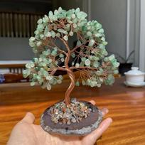 Natūralus kristalų medis, žaliasis aventurinas, rožinio kvarco dekoracija, namų/biuro dekoras, pinigų medis, gyvybės medžio meditacijos ornamentas Green Aventurine gray