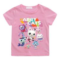 Christmas Gabby Dollhouse Cartoon Print Tshirt Girls Kawaii Kids Clothes Cute Cat T-Shirt Children Clothing Summer Short Sleeve 140 pink