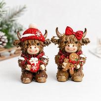 Set of 2 Christmas Cow Wood Carved Figurine Ornaments with Santa Hat, Holiday Cow Decor for Mantel Shelf One Size brown