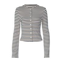 Women's Striped Long Sleeve T-Shirt Slim Fit Button Down Cropped Cardigan Casual Basic Fall Fashion Top S white
