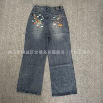 Mens Baggy Straight Cut Denim Jeans With Embroidered Koi Fish Tiger Design Mid-Rise Slightly Stretchy Cotton Blend M gray