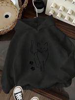 Kids Casual Sketch Style Hoodie Elegant Cat Paw Graphic Pullover Autumn Winter Fleece Warm Soft Children Hooded Sweatshirt 150 black