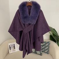 Womens Oversized Knit Cape With Real Fox Fur Collar V-Neck Sleeveless Wool Blend Coat Plus Size Winter Outerwear Bright Purple blue