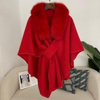 Womens Oversized Knit Cape With Real Fox Fur Collar V-Neck Sleeveless Wool Blend Coat Plus Size Winter Outerwear Crimson red