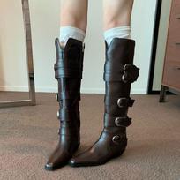 Cowhide version~ Brown boots Femininity pointed V-mouth thin belt buckle but knee high thick heel knight boots 40 black