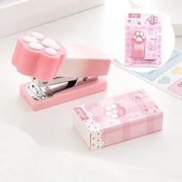 1 set of Gradient Cat Paw Mini Stapler + 400pcs Staples Labor-saving Cartoon Kitty Metal Bound 24/6 Staples Standard A7973 white