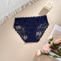 European & American Lace Thong - Semi-Transparent, Seamless, Soft Cotton-Blend Panties for Women S [80-100 jin] tamsiai mėlyna