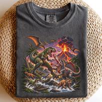T-Rex Spinosaurus Battle Shirt, Dinosaur Fight Tee, Volcano Prehistoric Landscape, Dino Lover Gift 140 gray