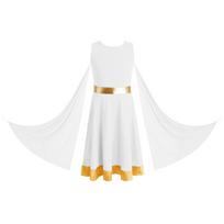 Mergaičių Šlovinimo Šokio Tunika Suknelė Metalizuotas Juosmuo Užtrauktukas Nugaroje Kontrastingas Kraštas ir Skaidrios Tinklinės Užuolaidos Liturginiam Spektakliui 5-6 Years balta