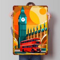 London Scene With Bus and Big Ben Poster Customized Wall Art Vintage Metal Signs Retro Tin Plaque for Man Cave Gamer Decoration 30X40CM yellow