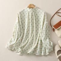 1116 cotton texture green polka dot fungus collar top, new shoulder lantern sleeve shirt women L beige