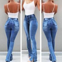 High Waist Elasticity Denim Pants Female Sexy Butt-hugging Flared Pants with Slits Trousers L mėlyna
