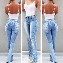 High Waist Elasticity Denim Pants Female Sexy Butt-hugging Flared Pants with Slits Trousers S šviesiai mėlyna spalva