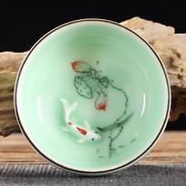 Celadon High 60ml Chinese Quality Kung Fu Tea Set Round Flat Lotus Carp Puer Tea Cups Handpainted Ceramic Single Carp Teacup Matches the image,60ml
