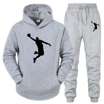 Fly-hoop Men Hoodie & Jogger Set, Leaping Basketball Athlete Silhouette and Matching Pant Graphic Print, Cozy Fleece Outfit for Street Sport Outings 3XL pilka