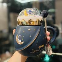 Astronaut Series Space Mug with Cover Spoon Ceramic Couple Water Cup Girl Gift Set Gift for Boyfriend beige