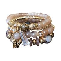 4Pcs Women Bracelets Faux Crystal Smooth Multi Pendant Jewelry Retro Bohemian Style with Elastic Cord Multi-layered Stackable Bracelet Set chaki