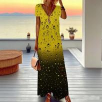 Women Plus Size V Neck Short Sleeve Maxi Dress Blue Green Smoke Abstract Print Loose Long Dress 8XL yellow