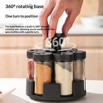 Revolving Spice Rack Set 6 Clear Jars Food Grade Seasoning Container Organizer for Home Kitchen Cooking Storage one size black