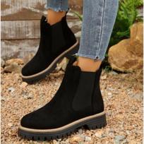 Ladies Pure Black Thick Low Heel Anti Slip Mocasin Style Short Boots Round Head Solid Color Set For Cold Weather 38 juoda