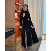 Spring Summer New Women's European American Dress, Crew Neck Patchwork Lace Long Sleeve Slim Fit Vintage Elegant Dress XXL juoda