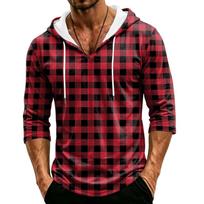Men's Casual Hooded Plaid Three-Quarter Sleeve Shirt XXL raudona