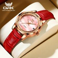 Elegant Women Quartz Watches Sparkling Rhinestone Dial Calendar Waterproof Casual Dress Wrist Watch Leather strap raudona