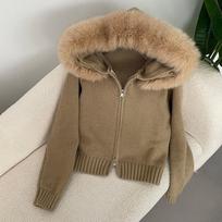 Kailinis paltas Moterims Megztas kardiganas Natūralaus lapės kailio paltas Moterims Tikro mongoliško kailio megztiniai Pavasaris Ruduo Su gobtuvu Megzta kailinė striukė One Size beige