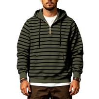 Men's Striped Half Zip Hoodie Long Sleeve Drawstring Hooded Sweatshirt with Front Pocket Casual Streetwear Pullover S armijos žalia spalva