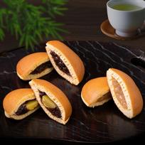 Mėgaukitės aukščiausios kokybės azuki Kyoazuki Dorayaki Mikasa 5 vnt. (raudonųjų pupelių pasta x2 balta x1 kaštoninė raudona x2). orange