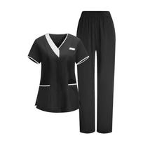 Women's V-Neck Short Sleeve Color Scrub Top with Pockets Caregiver Uniform Set M juoda