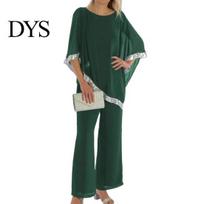 Summer Daily Loose Outfit 2 Pcs/Set Women Top Pants Set Dolman Sleeves Irregular Sequin Hem O Neck Blouse Solid Color Wide Leg Trousers Suit M gray