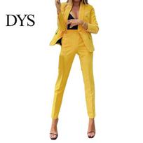 Long-sleeve Commuter Top 2 Pcs/Set Lady Formal Coat Pants Set Long Sleeves Solid Color Lapel OL Style Outfit Cardigan Mid Length Jacket High M yellow