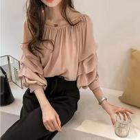 1116 new Korean version of temperament one-word collar off-the-shoulder chiffon shirt women's loose bubble top thin solid color bottoming shirt 4XL rožinė